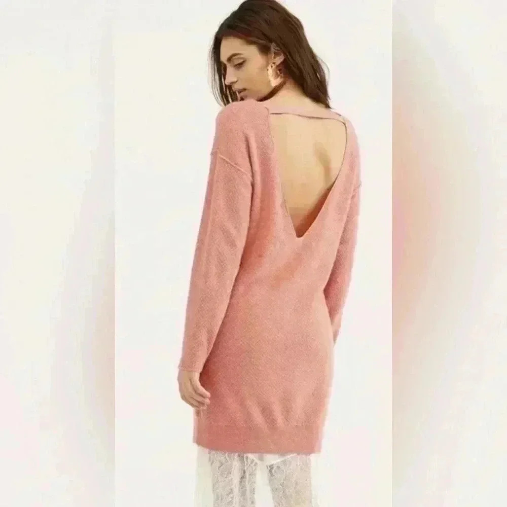 Free People Hourglass Cashmere Sweater Dress Tunic  Open Back Salmon Size Small